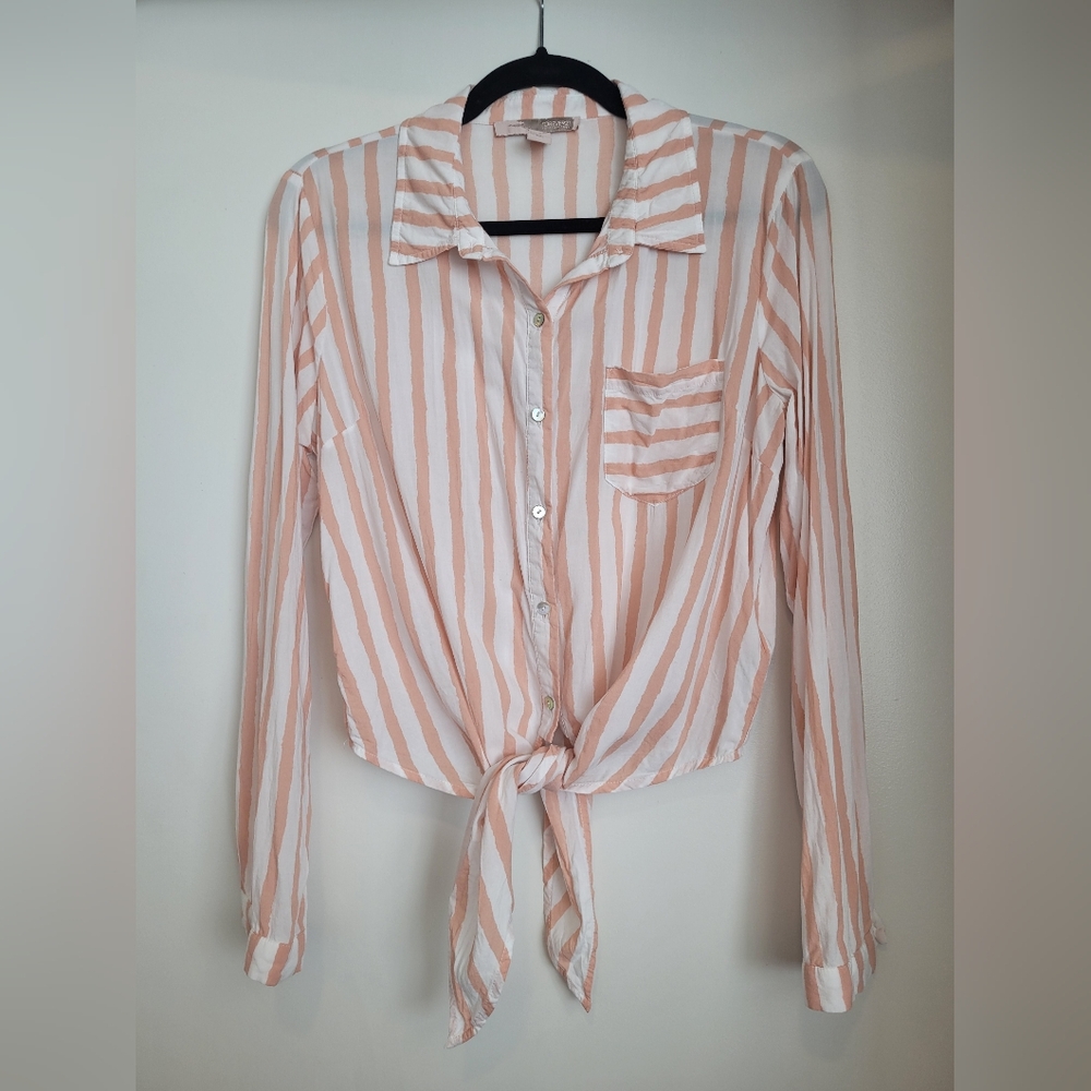 Forever 21 Pink Striped Tie Front Button Up Size Large